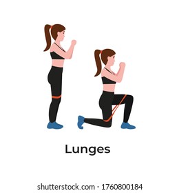 Booty Or Glutes Workout With Resistance Bands. Lunges Concept. Stay Home And Do Sport. Flat Cartoon Modern Illustration.