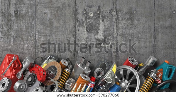 Border of\
auto parts on concrete wall. Auto\
service.