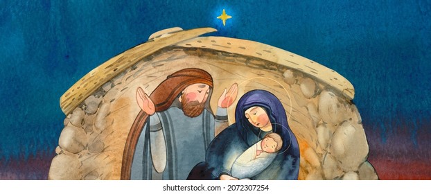 The Border Of The Christian Nativity Scene. Jesus Christ, Mary, Joseph In The Cave Of The Stable. Holy Night With The Star Of Bethlehem. Merry Christmas Greeting Cards, Christian Publications, Prints