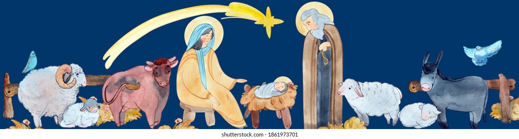 Border Of Christian Nativity Scene On Blue Background. Virgin Mary, Jesus Christ, Joseph, Sheep, Animals, Star Of Bethlehem. For Merry Christmas Greeting Cards, Christian Publications And Prints