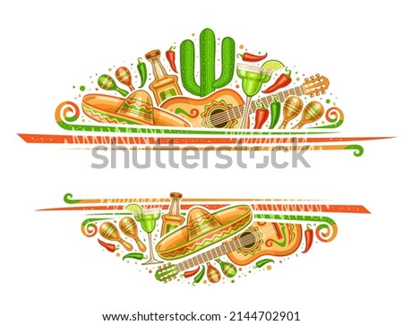 Border for Cinco de Mayo with copyspace for text, decorative voucher with illustration of mexican musical instruments, red and green hot peppers, traditional alcohol drinks for cinco de mayo