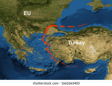 Border EU And Turkey On Geographic Map, Refugee Crisis Concept. Conflict Between European Union And Turkey Over The Flow Of Migrants. Elements Of This Image Furnished By NASA.