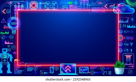 Border or frame design for kids technology education. STEM professions learning for children. Programming, web, game design, AI, online internet course. Engineering graphic elements Banner. text box