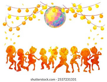 Border or frame with silhouettes of school age multicultural children dancing in kids party. Celebrating concept. Isolated illustration for children dancing party design, cards, invitations, posters - Powered by Shutterstock