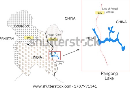 border of India and China map. line of actual control or LAC. Map of Pangong lake.
