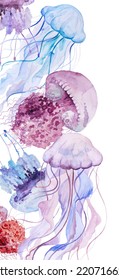 Border Made With Watercolor Pink And Light Purple Jellyfishes, Isolated Element. Underwater Illustration For Beach Party Decor,  Nautical Sea Wedding Design And Greeting, Space For Text