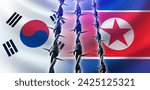 Border of North and South Korea. Barb wire. National symbols of Korea. State border countries. Concept confrontation between North and South Korea. Conflict between DPRK and its neighbors. 3d image