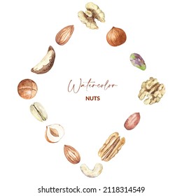 Border nuts design. Raw pecan, walnut, almond, pistachio, peanut, macadamia, hazelnut and cashew. Hand drawn watercolor illustration of organic food for packaging, label, card.