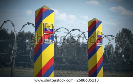 Border posts with flags of Ecuador and Colombia - 3d illustration