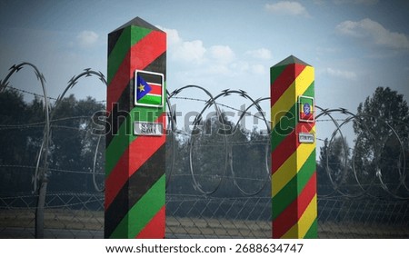 Border posts with flags of South Sudan and Ethiopia - 3d illustration