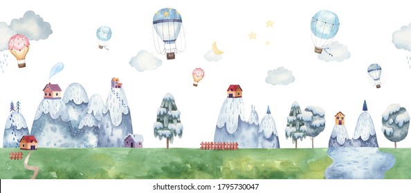 border seamless pattern childrens illustration with balloons, mountain landscape, trees, forest, houses in the mountains, clouds, watercolor illustration pastel gentle colors