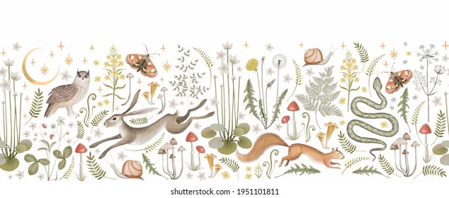 Border seamless pattern. Fairy forest. Moon, stars, hare, squirrel, owl, flowers and mushrooms on a white background. 