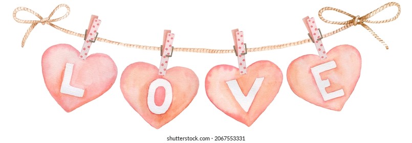  Border String With Wooden Clothes Pins And Cute Love Hearts Attachment. Red Color And Cute Shape. Sketchy Painting On White Backdrop, Cutout Clip Art Design Detail.