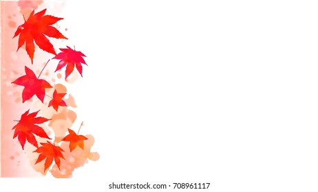 Border vibrant orange   red autumn maple leaves   abstract wet watercolor stains copy space white background  Digital painting may be used for vertical horizontal design 
