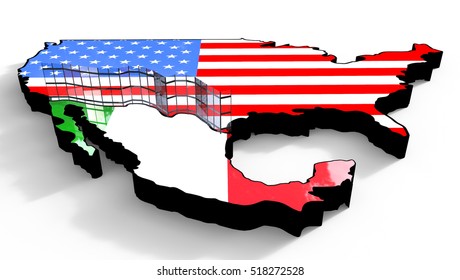 Border Wall Between America And Mexico 3d Illustration On A White Background