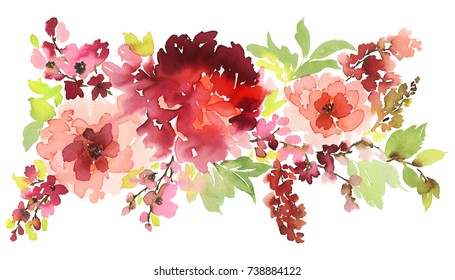 Border With Watercolor Burgundy Flowers.