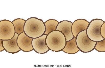 A Border From Wood Cuts. Hand Drawn Seamless Wood Pattern. Natural Browns. Tree Rings Print. Concept Of Sawmill Background, Cross Section Of Tree, Wooden Texture Illustration. 