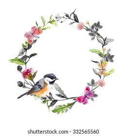 Border Wreath With Cute Bird And Meadow Grass, Flowers, Butterflies. Black And White Watercolor Circle Border