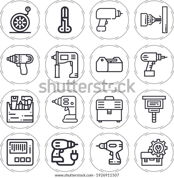 Bore 16 lineal icon set with\
hammer drill, toolbox, scissors, wheel, drill, carpenter,\
driller