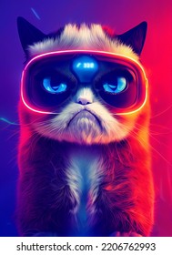 Bored Grumpy Cat. Funny Cute Kitty Meme In Cyberpunk Style. Digital Art Painting.