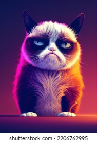 Bored Grumpy Cat. Funny Cute Kitty Meme In Cyberpunk Style. Digital Art Painting.