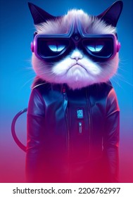 Bored Grumpy Cat. Funny Cute Kitty Meme In Cyberpunk Style. Digital Art Painting.