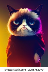 Bored Grumpy Cat. Funny Cute Kitty Meme In Cyberpunk Style. Digital Art Painting.