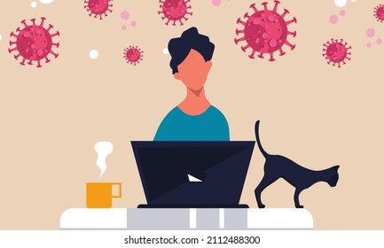 Bored Man Work From Home Health Business Office. Mental Care Character With Laptop. Procrastination Coronavirus People Employee. Illustration Social Outbreak Epidemic Online Freelance Concept