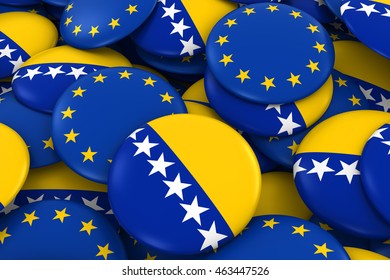 Bosnia Herzegovina and Europe Badges Background - Pile of Bosnian Herzegovinian and European Flag Buttons 3D Illustration