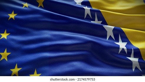 Bosnia And Herzegovina And European Union Flag Background. Relationship Between Country Government And EU. 3D Illustration.