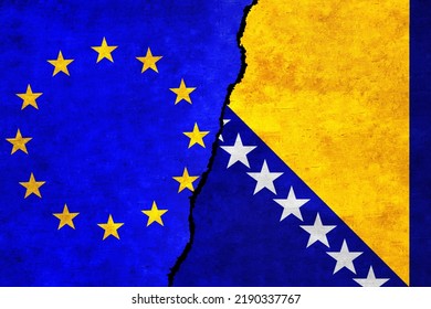 Bosnia And Herzegovina And European Union Flags Together. EU Bosnia And Herzegovina Alliance, Politics, Economy, Trade, Relationship And Conflicts Concept