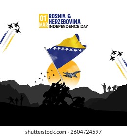 Bosnia and Herzegovina Independence Day celebration featuring the Bosnia and Herzegovina flag, the Bosnia and Herzegovina Army, and a patriotic flag design illustration. - Powered by Shutterstock - Get 15% off with code: PIKWIZARD15