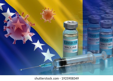 Bosnia And Herzegovina To Launch COVID-19 Vaccination Campaign. Coronavirus Vaccine Vials, Covid 19 Cell And Flag Of Bosnia And Herzegovina. Fighting The Epidemic. 3D Illustration