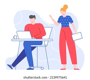 Boss Give Task Office Worker At Computer.  Boss Office And Worker Job, Work At Computer, Man Get Task From Colleague Illustration