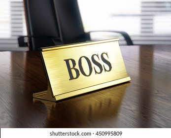 Boss Nameplate On Wooden Table. 3d Illustration