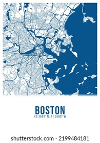 Boston Blue Color City Map Poster