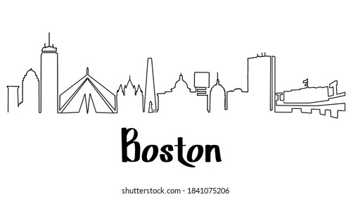 Boston Skyline Line Drawing. Simplified Drawing Includes All The Famous Landmarks And Towers.