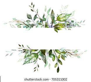 Botanic Card, Watercolor invitation design with herbs and leaves. Hand painted floral background. Template. green  Frame. drawing nature