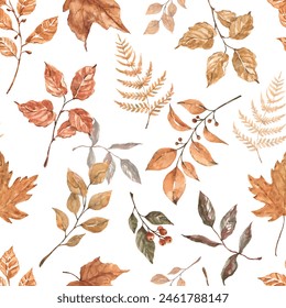 The botanical autumn-themed seamless pattern features dry orange leaves. Watercolor hand-drawn fall foliage print. - Powered by Shutterstock