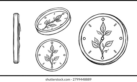 Botanical clock set presents slim pointer and round botanical clock medallion views in black outline illustration on a white background. It suits nature posters, botanical pages, eco graphics, websites, labels, and environmental layouts and commercial stock layouts. Extra copy space supports flexible editorial and marketing use.