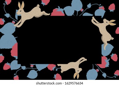 Botanical composition on a black background from raspberries and forest hares. Fairy tale illustration. Good for cards, certificates, congratulations, weddings - Powered by Shutterstock