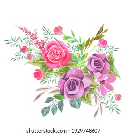 Botanical composition of rose flowers and buds in watercolors with decorative elements