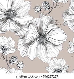 Botanical Drawing Flowers Cosmos Pattern. Seamless Flower Pattern Background With Cosmos Flower Drawing Illustration For Wedding Table, Greetings, Wallpaper, Fashion, Backgrounds, Wrappers, Cards