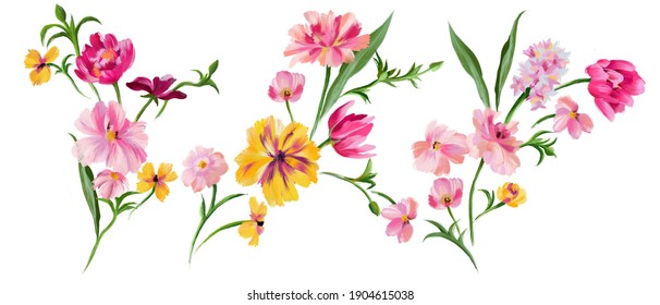 Botanical Floral Set. Hand Drawn Abstract Meadow Fantasy Flowers Collection Isolated On White. Summer Floral Bouquets.