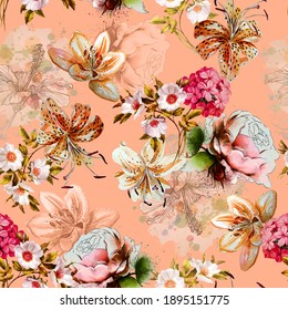 Botanical Flower Pattern, Seamless Digital Design,Watercolor Textile Allover Abstract Design.With Background