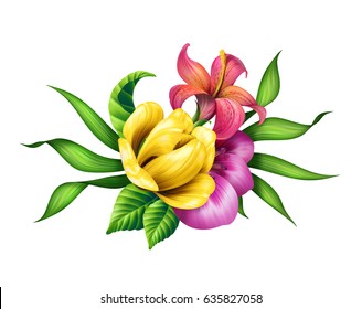 Botanical Illustration Beautiful Tropical Flowers Bouquet Stock ...