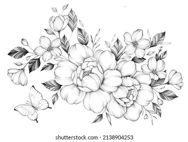 Botanical illustration with peonies and other flowers and butterflies