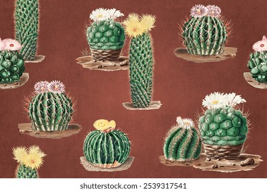 A botanical illustration of various cacti, showcasing unique shapes of cacti. This cactus design features diverse cacti types, perfect for nature lovers and botanical art illustration. - Powered by Shutterstock