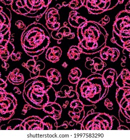 Botanical Motives. Abstract Seamless Pattern. Red, Pink Round Curls, Branches On A Black Background.