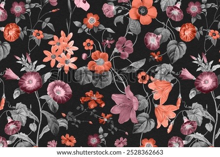 Botanical pattern black background, natural design, remixed from original artworks by Pierre Joseph Redoute. Vintage floral pattern illustration. Vintage botanical floral pattern background. 